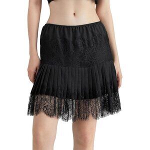 Women's Black Lace Ruffle Mini Pleated Sexy Mid Waist Layered Flowy Slip Skirt